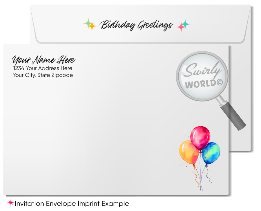 Make your clients' special day memorable with our unique Happy Birthday card featuring a vibrant cake with candles design, retro-style calligraphy, and watercolor hues. Available as folded or flat cards, printed on thick card stock with matching envelopes. Upgrade to customized envelopes with your logo for a professional touch.