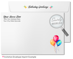 Make your clients' special day memorable with our unique Happy Birthday card featuring a vibrant cake with candles design, retro-style calligraphy, and watercolor hues. Available as folded or flat cards, printed on thick card stock with matching envelopes. Upgrade to customized envelopes with your logo for a professional touch.