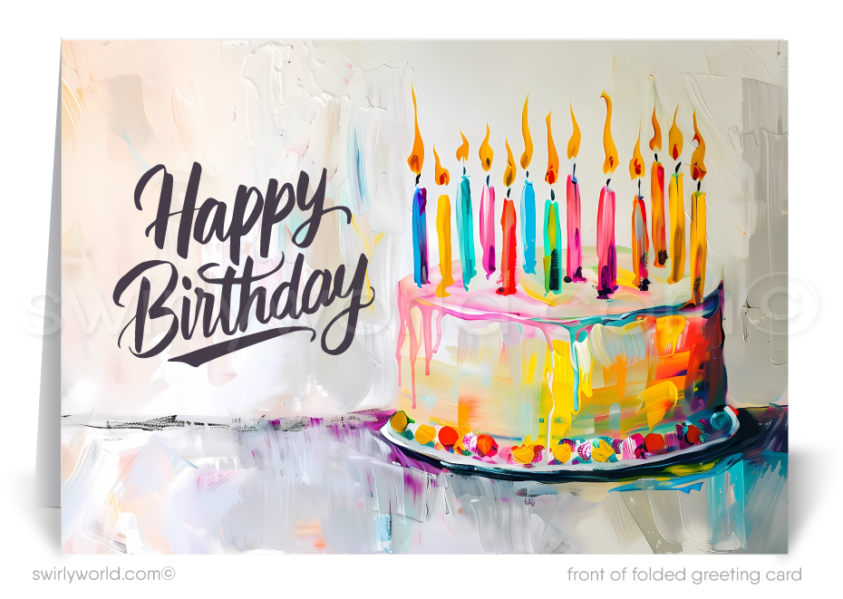 Make your clients' special day memorable with our unique Happy Birthday card featuring a vibrant cake with candles design, retro-style calligraphy, and watercolor hues. Available as folded or flat cards, printed on thick card stock with matching envelopes. Upgrade to customized envelopes with your logo for a professional touch.