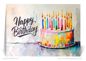 Make your clients' special day memorable with our unique Happy Birthday card featuring a vibrant cake with candles design, retro-style calligraphy, and watercolor hues. Available as folded or flat cards, printed on thick card stock with matching envelopes. Upgrade to customized envelopes with your logo for a professional touch.