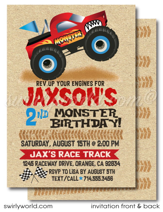 Monster Truck Race Party Invitation Set – Printed Invitations, Thank Y - swirly-world-design monster-truck-race-party-invitation-set-printed-invitations-thank-y-swirly-world-design