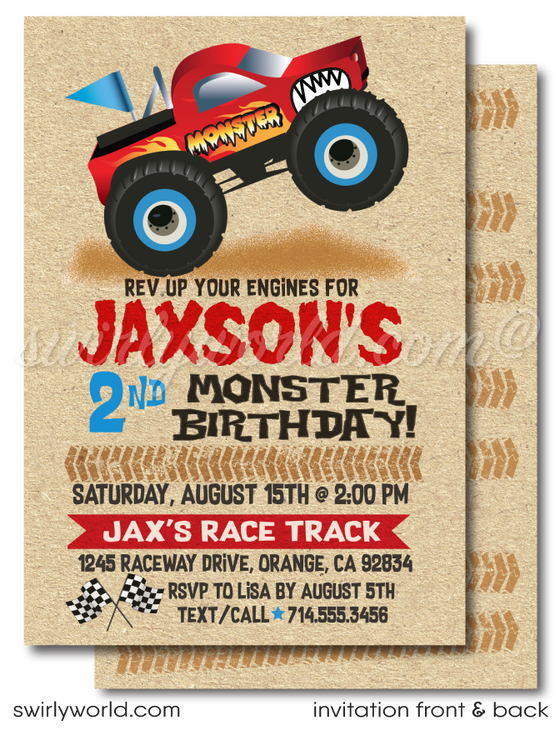 Rev up the fun with our Monster Truck Race Party Invitation Set! Featuring a red monster truck, skid tracks, and racing flags, this printed set includes invitations, thank you cards, and matching envelopes. Perfect for your little one's thrilling birthday bash. Get ready for a roaring good time!
