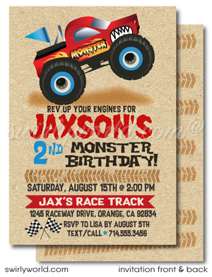 Rev up the fun with our Monster Truck Race Party Invitation Set! Featuring a red monster truck, skid tracks, and racing flags, this printed set includes invitations, thank you cards, and matching envelopes. Perfect for your little one's thrilling birthday bash. Get ready for a roaring good time!