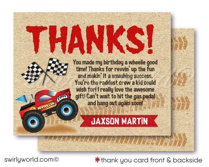 Rev up the fun with our Monster Truck Race Party Invitation Set! Featuring a red monster truck, skid tracks, and racing flags, this printed set includes invitations, thank you cards, and matching envelopes. Perfect for your little one's thrilling birthday bash. Get ready for a roaring good time!
