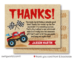 Rev up the fun with our Monster Truck Race Party Invitation Set! Featuring a red monster truck, skid tracks, and racing flags, this printed set includes invitations, thank you cards, and matching envelopes. Perfect for your little one's thrilling birthday bash. Get ready for a roaring good time!