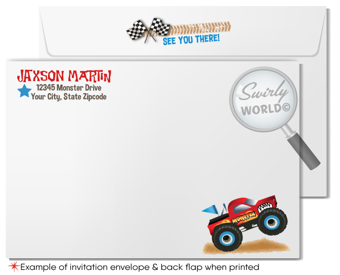 Rev up the fun with our Monster Truck Race Party Invitation Set! Featuring a red monster truck, skid tracks, and racing flags, this printed set includes invitations, thank you cards, and matching envelopes. Perfect for your little one's thrilling birthday bash. Get ready for a roaring good time!