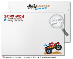Rev up the fun with our Monster Truck Race Party Invitation Set! Featuring a red monster truck, skid tracks, and racing flags, this printed set includes invitations, thank you cards, and matching envelopes. Perfect for your little one's thrilling birthday bash. Get ready for a roaring good time!