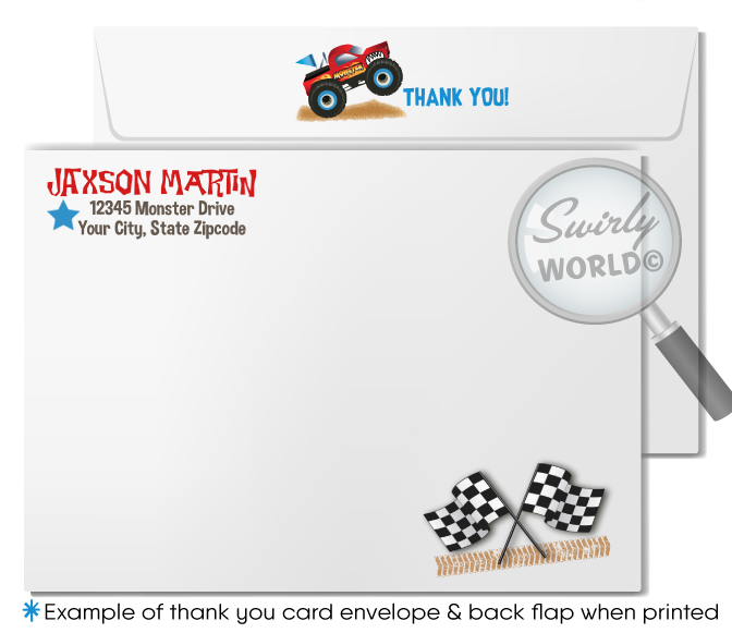Rev up the fun with our Monster Truck Race Party Invitation Set! Featuring a red monster truck, skid tracks, and racing flags, this printed set includes invitations, thank you cards, and matching envelopes. Perfect for your little one's thrilling birthday bash. Get ready for a roaring good time!