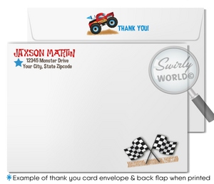Rev up the fun with our Monster Truck Race Party Invitation Set! Featuring a red monster truck, skid tracks, and racing flags, this printed set includes invitations, thank you cards, and matching envelopes. Perfect for your little one's thrilling birthday bash. Get ready for a roaring good time!
