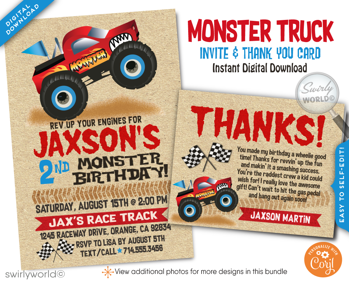 Rev up the fun with our Monster Truck Race Party Invitation Digital Design Set! Featuring a dynamic red truck, skid tracks, and checkered flags, this set includes vibrant invitations, thank you cards, and matching envelopes. Perfect for a thrilling monster truck-themed celebration! Easily customizable for an unforgettable birthday bash.