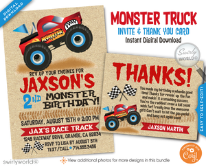 Rev up the fun with our Monster Truck Race Party Invitation Digital Design Set! Featuring a dynamic red truck, skid tracks, and checkered flags, this set includes vibrant invitations, thank you cards, and matching envelopes. Perfect for a thrilling monster truck-themed celebration! Easily customizable for an unforgettable birthday bash.