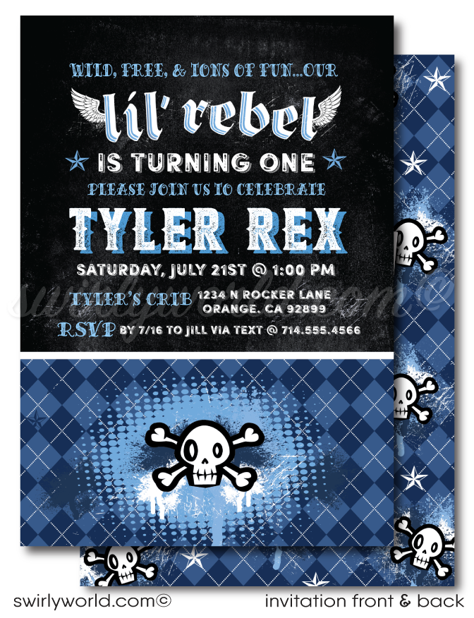Lil' Rebel Rocker Punk Rock 1st Birthday Party Invitations for Baby Bad Boys!