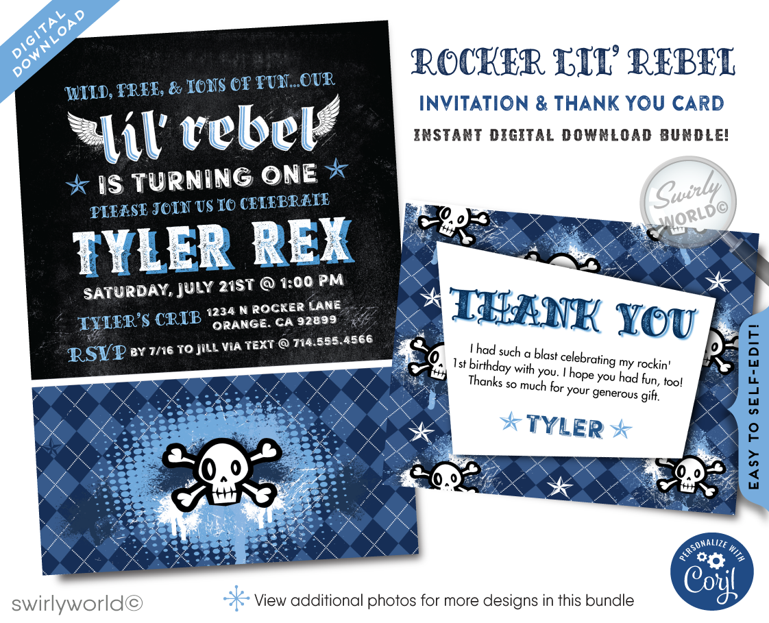 Lil' Rebel Rocker Punk Rock 1st Birthday Party Invitation Digital Design Download