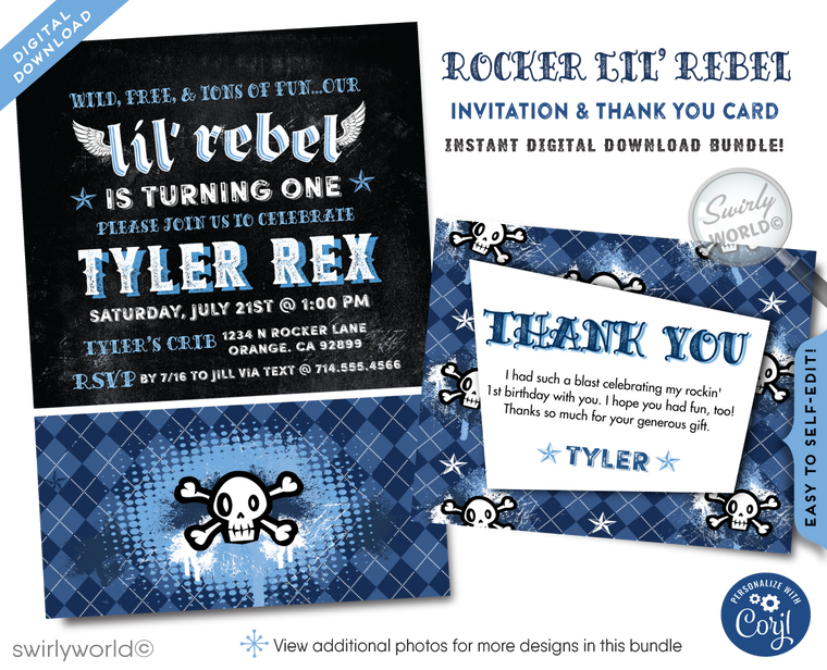 Lil' Rebel Rocker Punk Rock 1st Birthday Party Invitation Digital Design Download