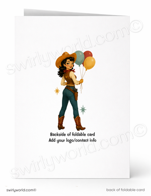 A folded greeting card shown front and back on a white background. The front features a western-style illustrated woman in a cowboy hat and boots holding balloons, with placeholder text below.