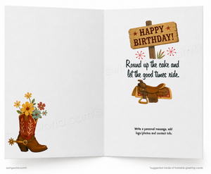 An open greeting card with western-themed illustrations on a white background. The left panel shows a brown cowboy boot filled with colorful flowers.