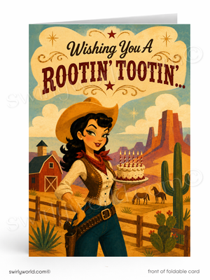 A retro-style foldable greeting card featuring a western illustration with the text 'Wishing You A Rootin' Tootin.