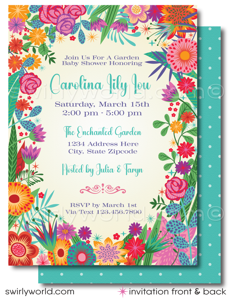 Host a charming baby shower with Swirly World's Vintage Botanical Floral Invitation Set. Featuring vibrant floral designs and elegant calligraphic fonts, this printed set includes invites, thank you cards, and envelopes. Easily customize and download via Corjl for a beautifully warm and welcoming event.
