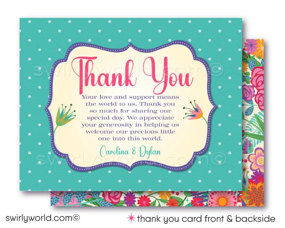 Host a charming baby shower with Swirly World's Vintage Botanical Floral Invitation Set. Featuring vibrant floral designs and elegant calligraphic fonts, this printed set includes invites, thank you cards, and envelopes. Easily customize and download via Corjl for a beautifully warm and welcoming event.