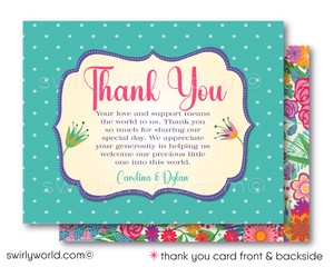 Host a charming baby shower with Swirly World's Vintage Botanical Floral Invitation Set. Featuring vibrant floral designs and elegant calligraphic fonts, this printed set includes invites, thank you cards, and envelopes. Easily customize and download via Corjl for a beautifully warm and welcoming event.