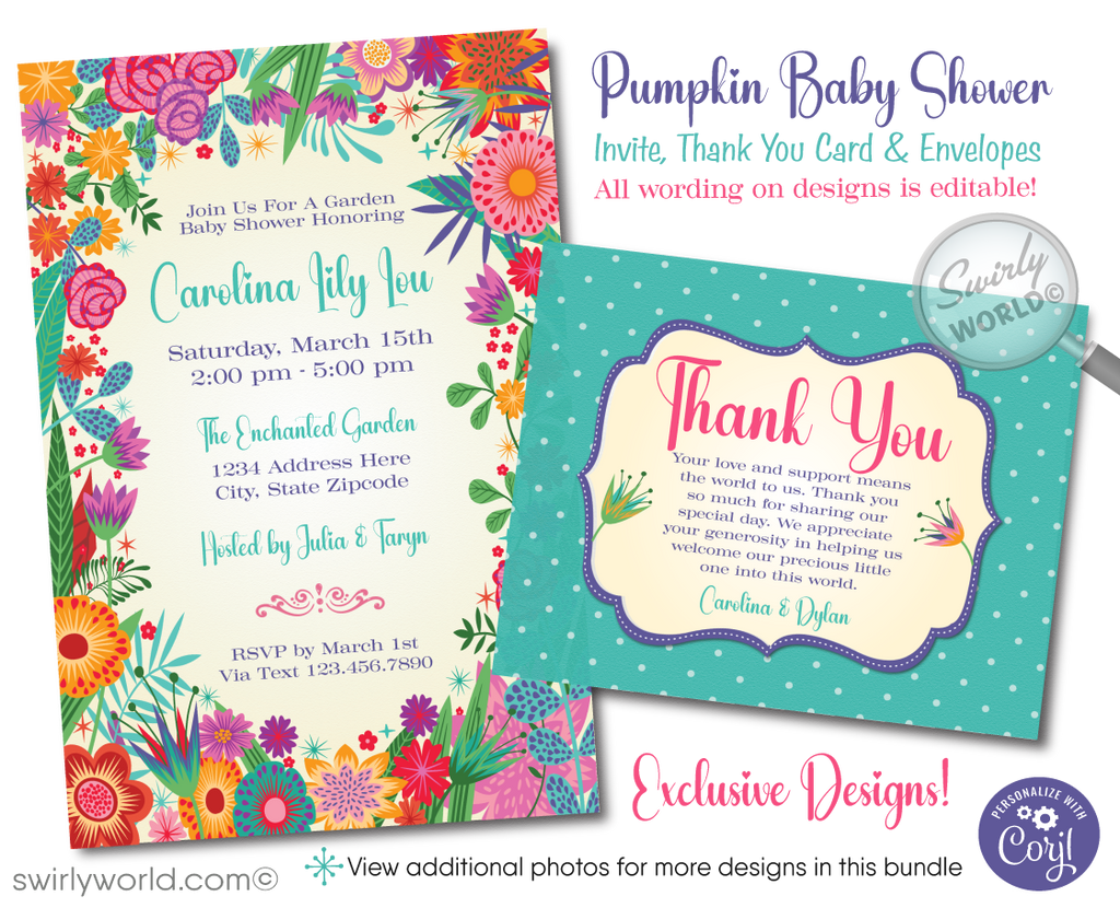 Host a charming baby shower with our Vintage Botanical Floral Invitation Set. Featuring vibrant floral designs and elegant calligraphic fonts, this digital download includes invites, thank you cards, and envelopes. Easily customize and download via Corjl for a beautifully warm and welcoming event.