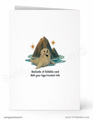 Backside of a foldable card with a cartoon seal and iceberg illustration, featuring 'swirlyworld.com' branding.