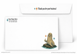 Envelopes with a cartoon seal and 'Thank you for your business!' text on a white background