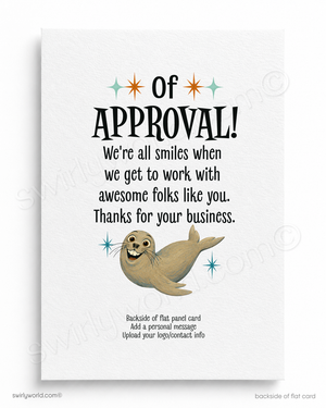 Card with a seal illustration and text about approval and business, on a white background.
