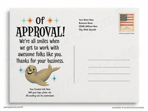 Postcard with a cartoon seal and text about approval and business, featuring an American flag on the top right corner.