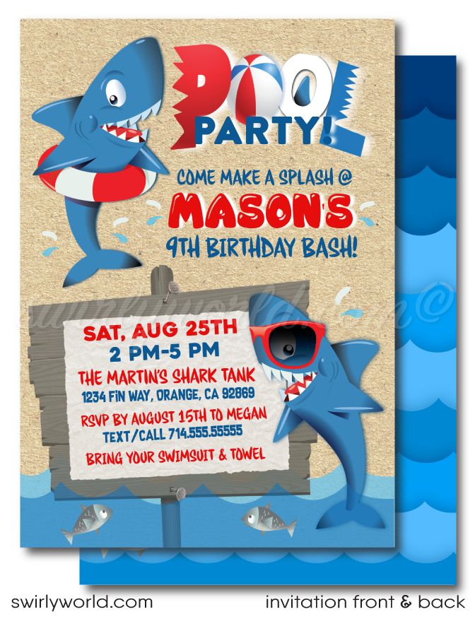 Dive into the deep blue for a birthday bash with our Shark Tank Infested Pool Party Swim Printed Invitation. Perfect for young adventurers, this vibrant set includes an invitation, thank you card, and matching envelopes. Customize easily on Corjl. Create excitement for your summer birthday bash!