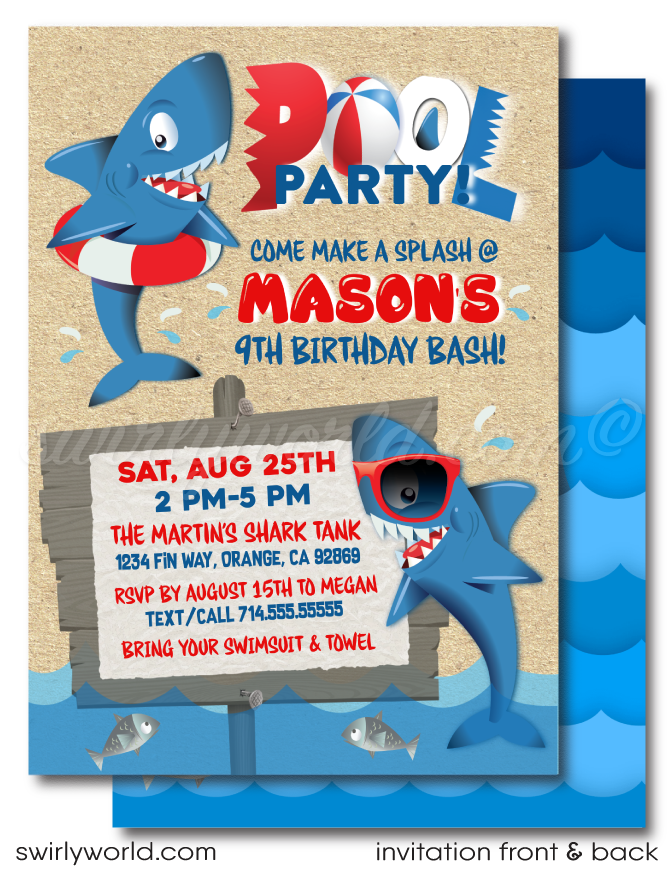 Shark tank infested pool party design for boys swimming birthday invitation digital download
