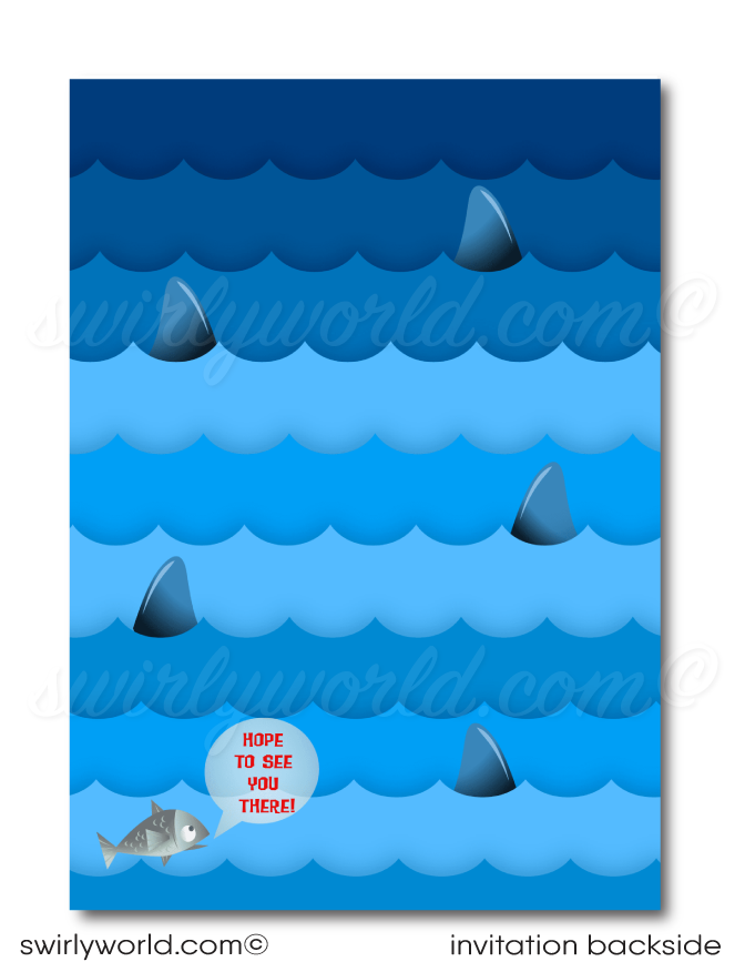Dive into the deep blue for an unforgettable birthday bash with our Shark Tank Infested Pool Party Swim Digital Invitation. Perfect for young adventurers, this vibrant set includes an invitation, thank you card, and matching envelopes. Customize, download, and print or email for a thrilling boy's swim party.