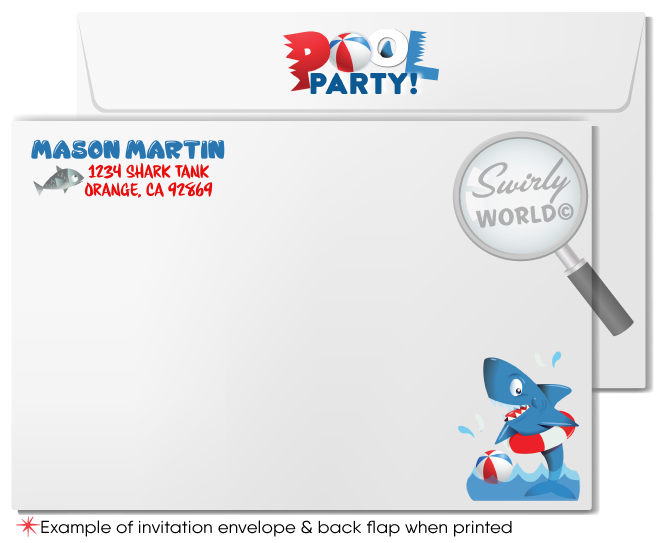 Dive into the deep blue for a birthday bash with our Shark Tank Infested Pool Party Swim Printed Invitation. Perfect for young adventurers, this vibrant set includes an invitation, thank you card, and matching envelopes. Customize easily on Corjl. Create excitement for your summer birthday bash!