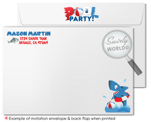 Dive into the deep blue for a birthday bash with our Shark Tank Infested Pool Party Swim Printed Invitation. Perfect for young adventurers, this vibrant set includes an invitation, thank you card, and matching envelopes. Customize easily on Corjl. Create excitement for your summer birthday bash!