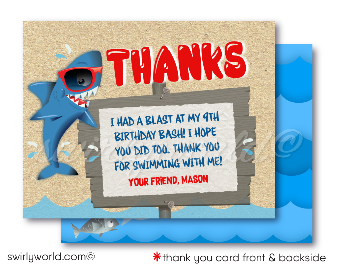 Dive into the deep blue for a birthday bash with our Shark Tank Infested Pool Party Swim Printed Invitation. Perfect for young adventurers, this vibrant set includes an invitation, thank you card, and matching envelopes. Customize easily on Corjl. Create excitement for your summer birthday bash!