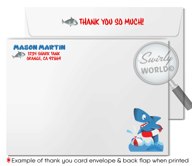 Dive into the deep blue for a birthday bash with our Shark Tank Infested Pool Party Swim Printed Invitation. Perfect for young adventurers, this vibrant set includes an invitation, thank you card, and matching envelopes. Customize easily on Corjl. Create excitement for your summer birthday bash!