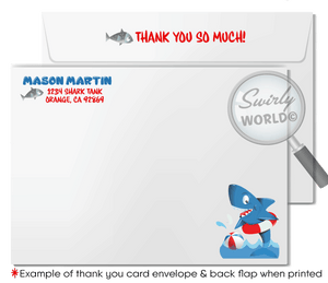 Dive into the deep blue for a birthday bash with our Shark Tank Infested Pool Party Swim Printed Invitation. Perfect for young adventurers, this vibrant set includes an invitation, thank you card, and matching envelopes. Customize easily on Corjl. Create excitement for your summer birthday bash!