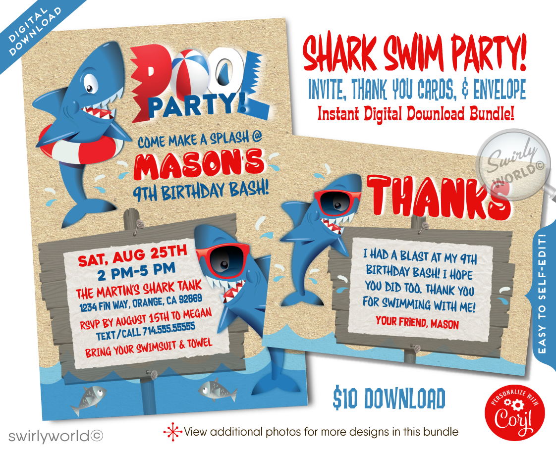 Dive into the deep blue for an unforgettable birthday bash with our Shark Tank Infested Pool Party Swim Digital Invitation. Perfect for young adventurers, this vibrant set includes an invitation, thank you card, and matching envelopes. Customize, download, and print or email for a thrilling boy's swim party.