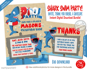 Dive into the deep blue for an unforgettable birthday bash with our Shark Tank Infested Pool Party Swim Digital Invitation. Perfect for young adventurers, this vibrant set includes an invitation, thank you card, and matching envelopes. Customize, download, and print or email for a thrilling boy's swim party.