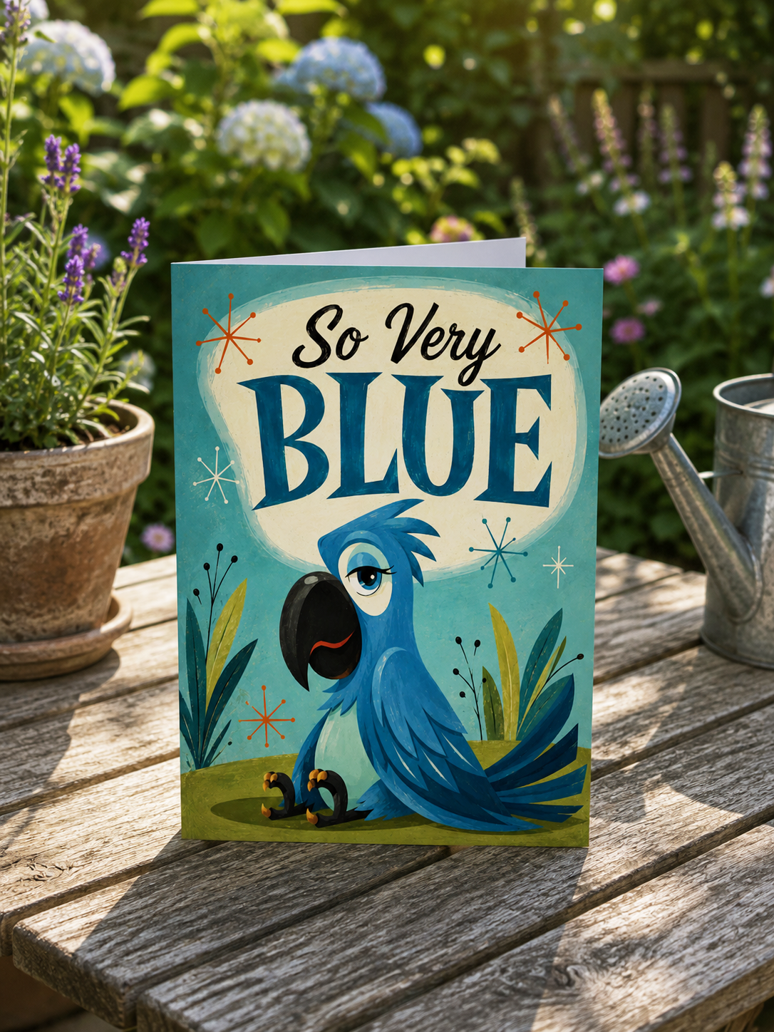 A folded greeting card shown front-on against a white background. The card features a colorful illustration of a blue parrot with the text 'So Very BLUE' in a cream oval shape behind it.