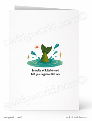 A white foldable card shown front and back on a white background. The front features a small mermaid tail illustration in green and teal with starburst accents, and the back shows placeholder text reading 'Backside of foldable card' and 'Add your logo/contact info'.