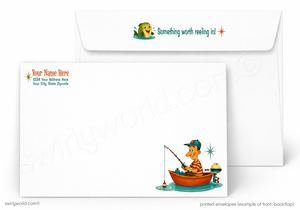 A set of printed envelopes shown on a white background, with one envelope closed in back and one open in front. The envelopes are white with colorful cartoon illustrations and placeholder text, including a fisherman in a boat and a small turtle on the flap.