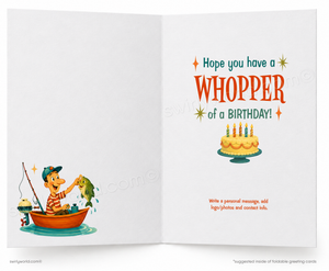 An open greeting card with a white background, featuring a cartoon fisherman in a boat holding a fish on the left page and birthday-themed text reading 'Hope you have a WHOPPER of a Birthday!' with a small cake illustration on the right page.