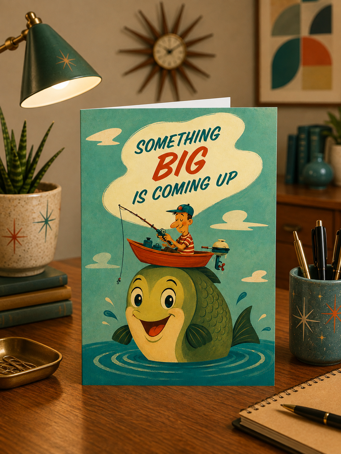 A folded greeting card shown front-on against a white background. The card features a whimsical illustration of a smiling green fish in water with a small orange boat and a cartoon fisherman sitting on its back.