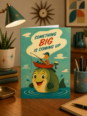 A greeting card featuring a whimsical illustration of a child in a small red boat fishing on their head atop a large smiling green fish, with the text 'SOMETHING BIG IS COMING UP' in a speech bubble. The card is displayed standing upright on a wooden desk surrounded by desk accessories, a lamp, and a potted plant.