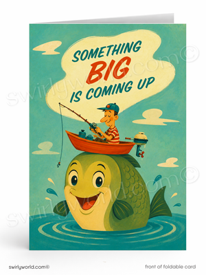 A folded greeting card shown front-on against a white background. The card features a whimsical illustration of a smiling green fish in water with a small orange boat and a cartoon fisherman sitting on its back.