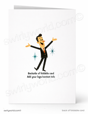 A white foldable greeting card shown front and back on a clean white background. The front features a cartoon man in a black suit with arms outstretched, and the back shows placeholder text reading 'Backside of foldable card Add your logo/contest info' with 'back of foldable card' at the bottom.