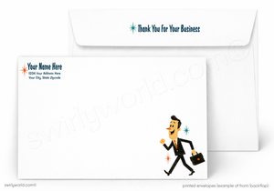A set of printed business envelopes shown on a white background, including a front view with placeholder text and a cartoon businessman holding a briefcase, and a back view with the message 'Thank You For Your Business' in blue.