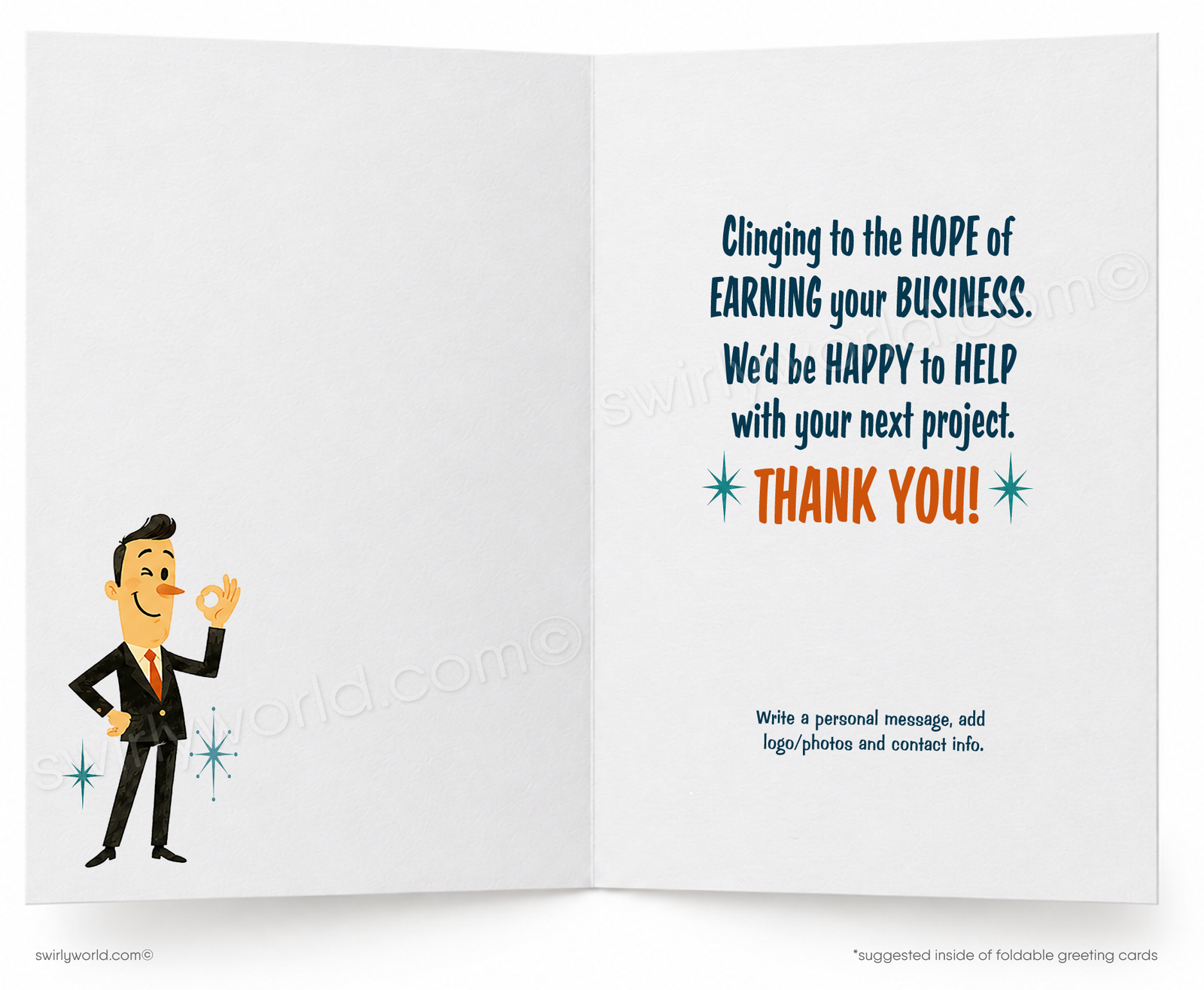 A folded greeting card shown front-on against a white background. The card features an illustrated scene of a small figure hanging from a cliff edge under a blue sky with clouds, and the text 'STILL HANGING IN THERE.