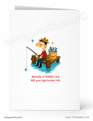 A folded greeting card shown front and back on a white background. The front features a cartoon man fishing from a wooden dock with a bucket of fish, and the back has placeholder text reading 'Backside of foldable card' and 'Add your logo/contact info'.